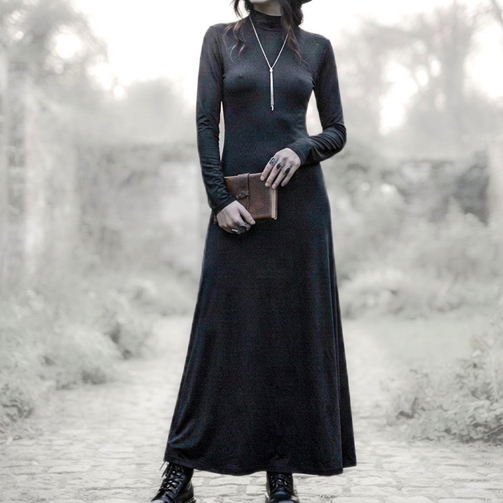Black Maxi Dress Sz XL Mock Neck Long Sleeve Evening Bodycon Stretch Witchy Fall